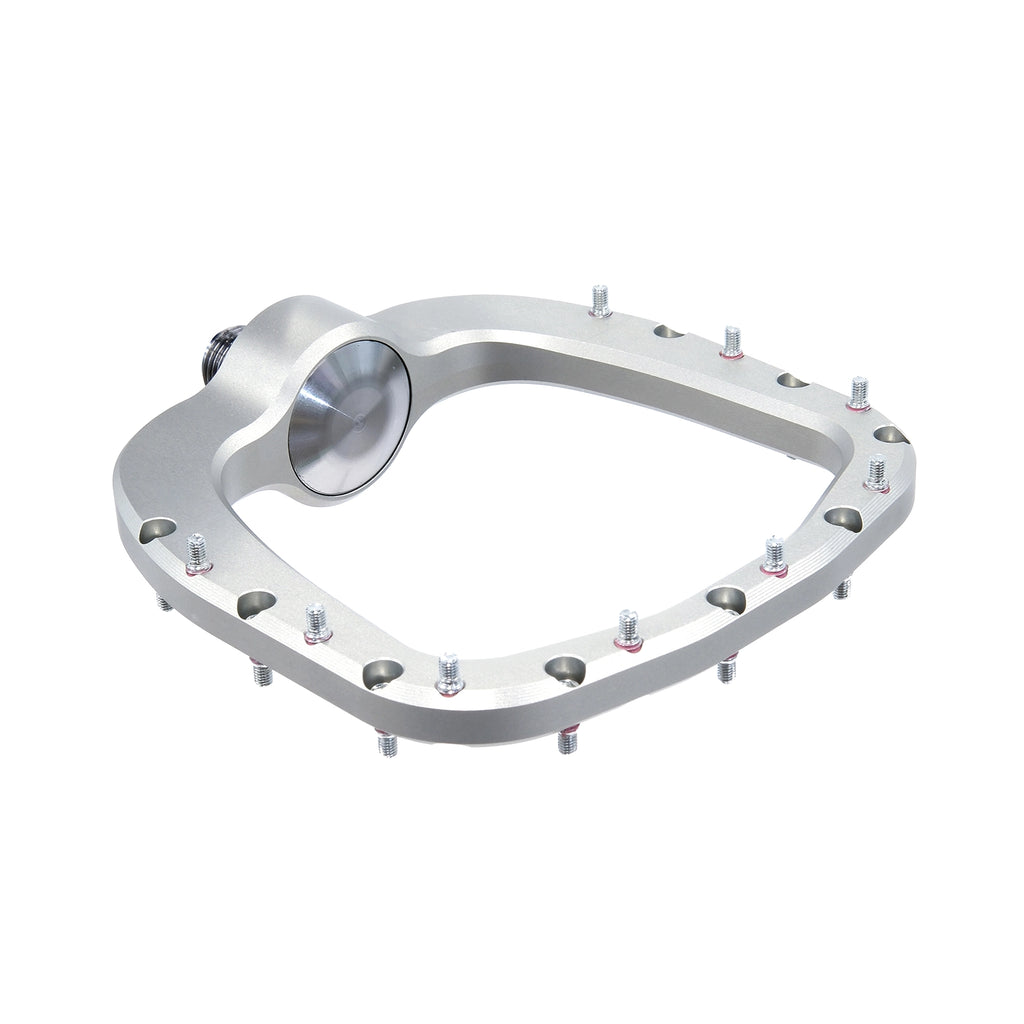 Outlier Void MTB platform pedal in Raw, angled view
